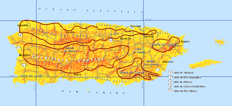 Topografía de Puerto Rico. Fuente: US Geological Survey. No inclyue islas de Mona y Desecheo